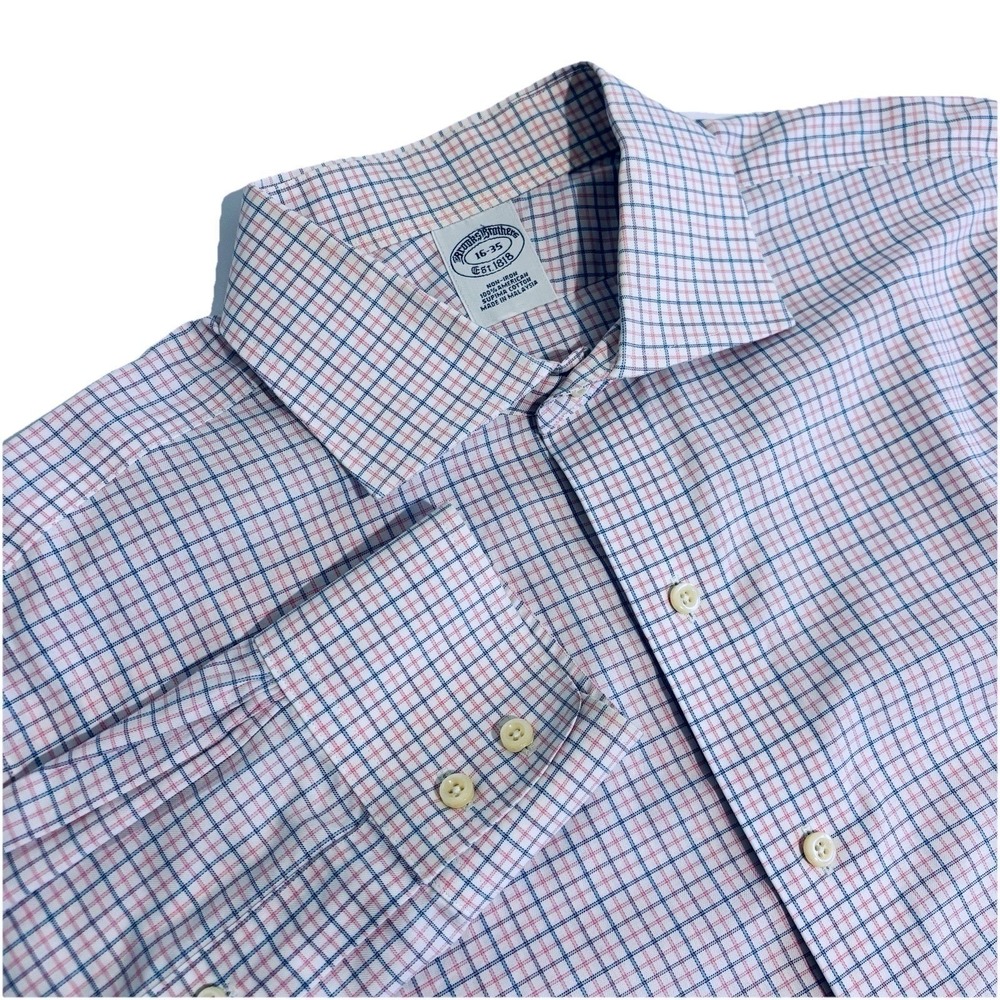 Brooks‎ Brothers Check Dress Shirt Mens M Pink Blue Non-Iron Supima Cotton